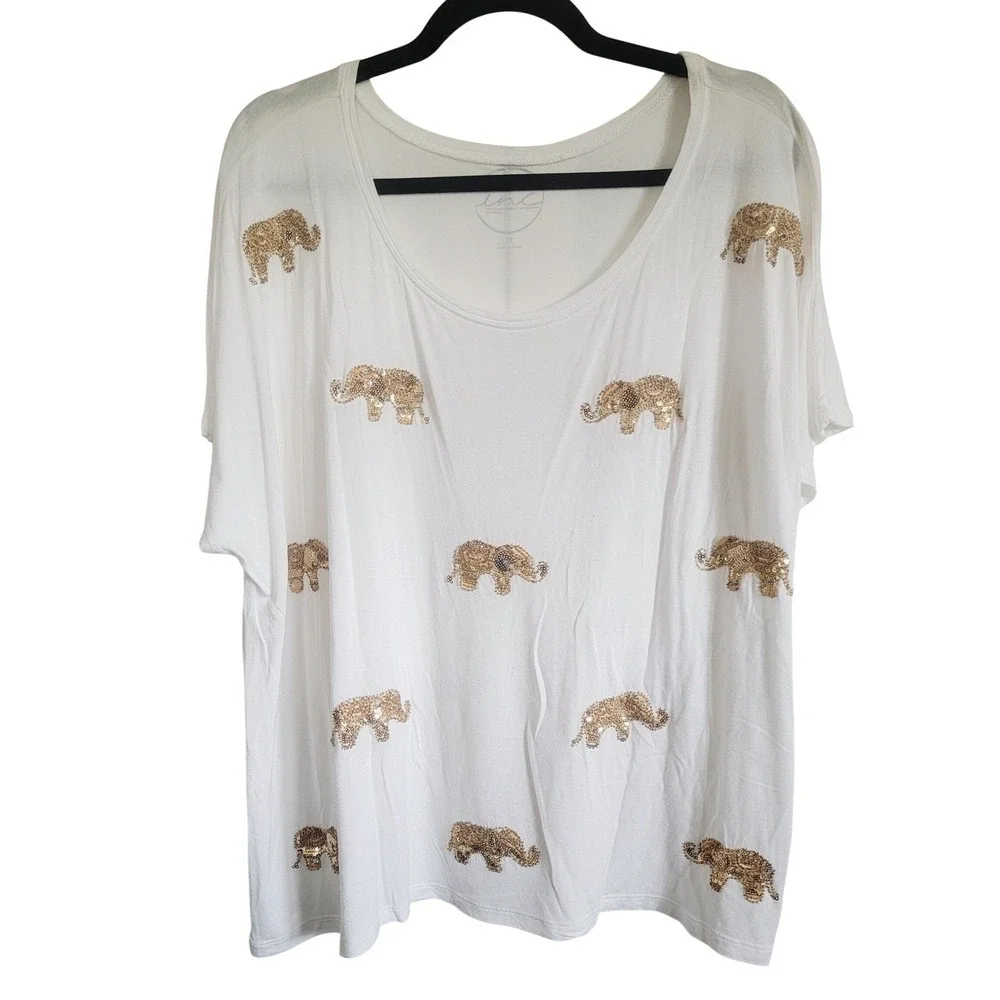 INC International Concepts 2X White Sequin Elephant T-Shirt Top - Picture 4 of 10
